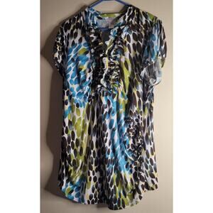 Free To Luv 3X Womens Blouse Multicolor Turquoise White Liquid Knit Ruffle Neck